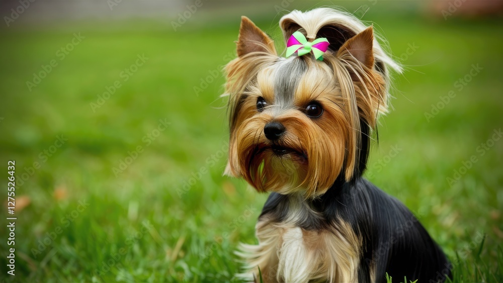 Yorkshire Terrier sitting on green grass with a colorful bow on its head, showcasing a shiny coat in bright natural sunlight. Yorkshire Terrier sitting on green grass with a colorful bow on its head, showcasing a shiny coat in bright natural sunlight.