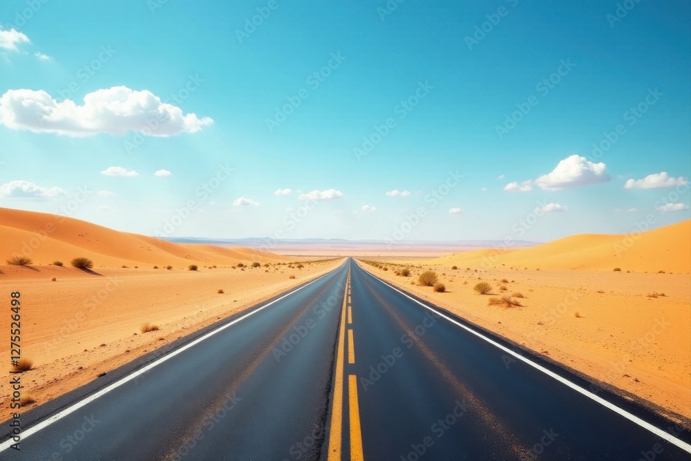 Fototapeta premium Endless asphalt highway cutting through sun-drenched desert landscape under a vibrant blue sky