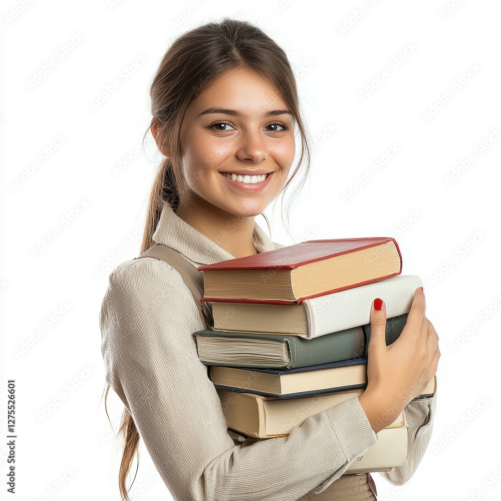 Smiling teacher holding a stack of books, education and learning, isolated on white Smiling teacher holding a stack of books, education and learning, isolated on white