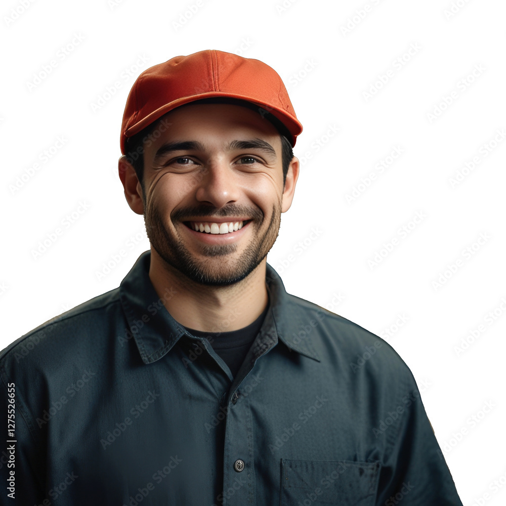 A smiling manufacturer worker wearing cap isolated on transparent background. Copy space. A smiling manufacturer worker wearing cap isolated on transparent background. Copy space.