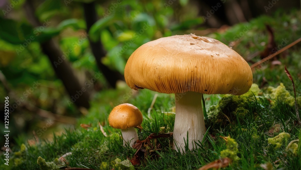 Golden mushrooms growing on green moss with a blurred leafy background featuring a large mushroom and a smaller one. Natural earthy tones. Golden mushrooms growing on green moss with a blurred leafy background featuring a large mushroom and a smaller one. Natural earthy tones.