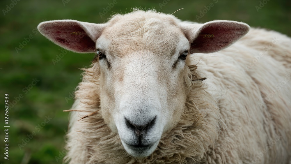 Closeup image of a sheep's face featuring soft white wool, calm expression, dark eyes, and pink ears against a blurred green grass background. Closeup image of a sheep's face featuring soft white wool, calm expression, dark eyes, and pink ears against a blurred green grass background.