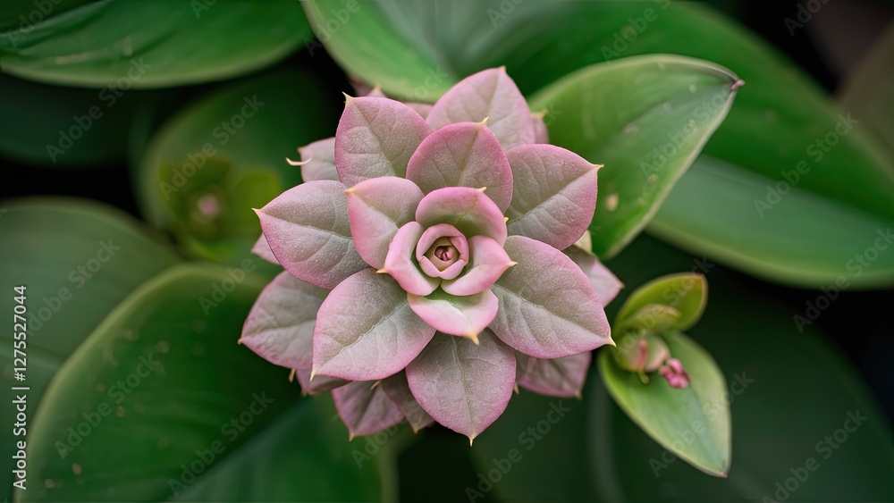 Close-up of vibrant pink and green coleus plant leaves with a layered rosette at the center, set against rich dark green foliage background. Close-up of vibrant pink and green coleus plant leaves with a layered rosette at the center, set against rich dark green foliage background.