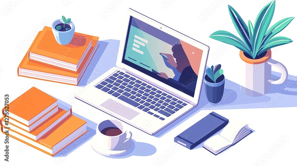 Isometric Home Office Setup with Laptop, Coffee and Plants - Remote Work Illustration Isometric Home Office Setup with Laptop, Coffee and Plants - Remote Work Illustration