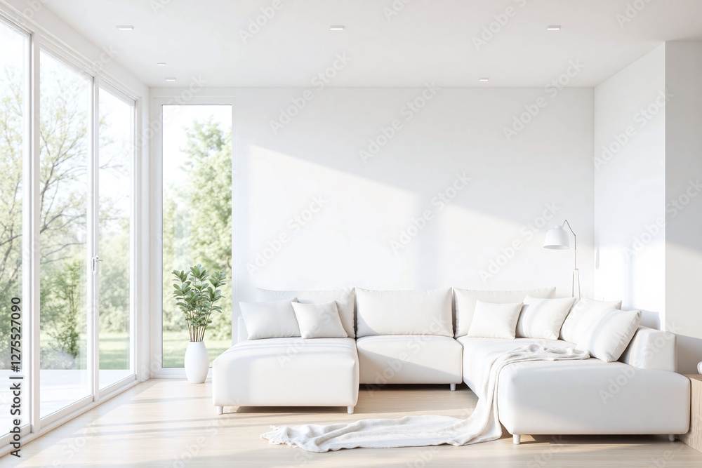 Fototapeta premium Modern living room window white sofa lamps side table plant