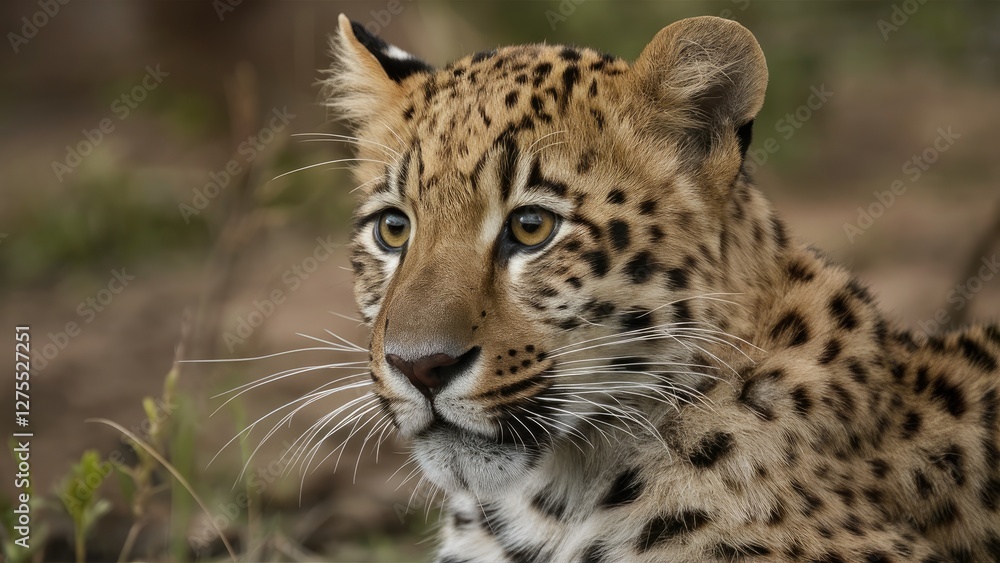 Naklejka premium Young leopard closeup showcasing golden fur with dark spots positioned slightly right against a blurred green background, capturing its serene expression