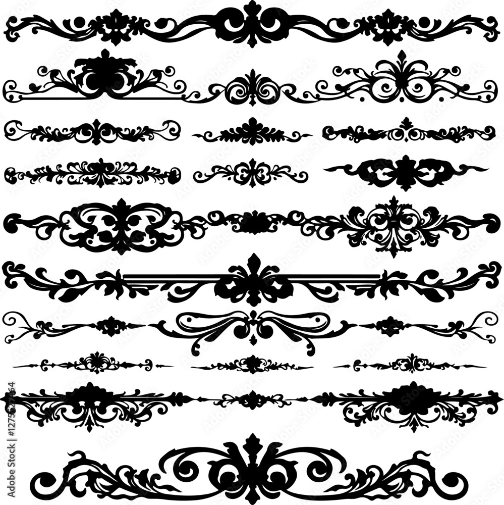 a collection of ornate, black, filigree line dividers, likely for graphic design a collection of ornate, black, filigree line dividers, likely for graphic design