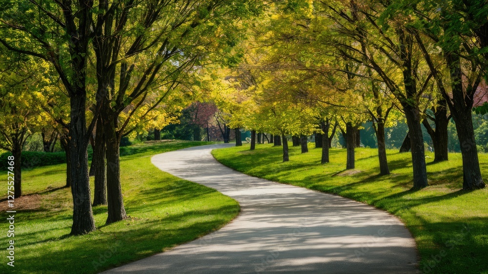 Scenic winding pathway in a lush green park with vibrant yellow and green trees lining both sides under a clear blue sky Scenic winding pathway in a lush green park with vibrant yellow and green trees lining both sides under a clear blue sky