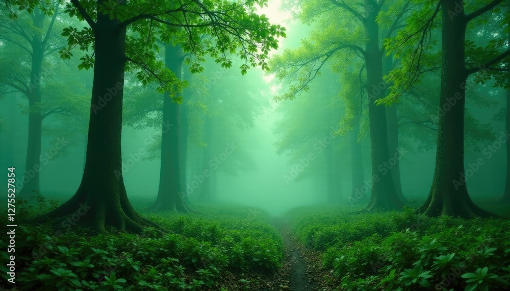 Obraz premium Foggy forest scene with trees in misty atmosphere, trees, green