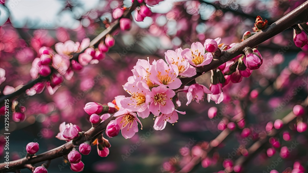 Delicate pink blossoms cluster on a branch against a soft blurred background of vibrant pink hues, creating a serene spring garden atmosphere. Delicate pink blossoms cluster on a branch against a soft blurred background of vibrant pink hues, creating a serene spring garden atmosphere.