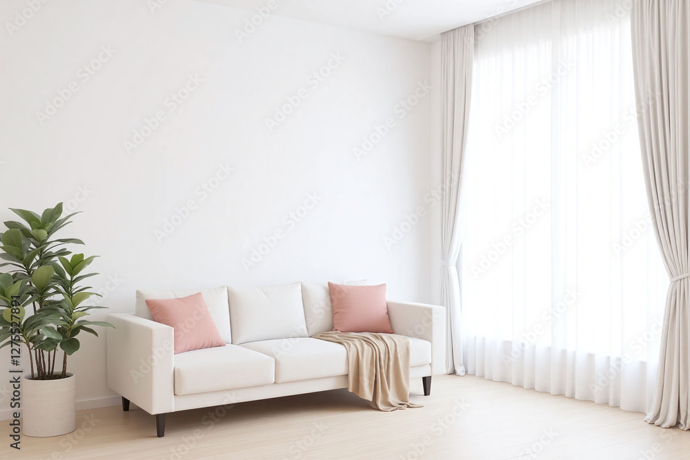 Fototapeta premium Modern living room window white sofa potted plants neutral scheme