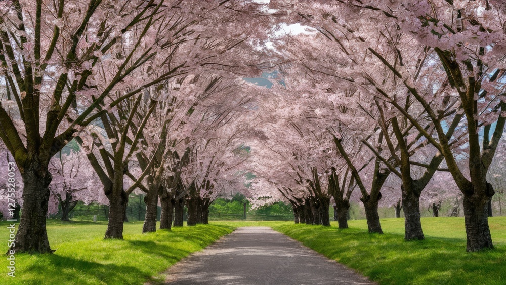 Serene cherry blossom pathway with vibrant pink flowers arching over a smooth paved road surrounded by lush green grass under a clear sky Serene cherry blossom pathway with vibrant pink flowers arching over a smooth paved road surrounded by lush green grass under a clear sky