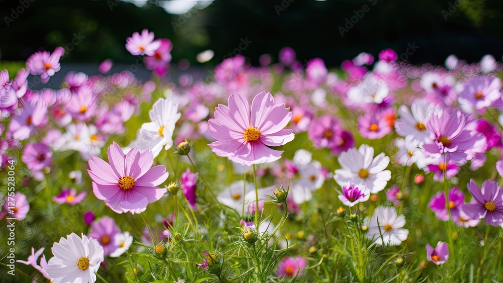 Obraz premium Vibrant field of pink and white cosmos flowers in crisp focus with a blurred green backdrop creating a serene and lively outdoor scene