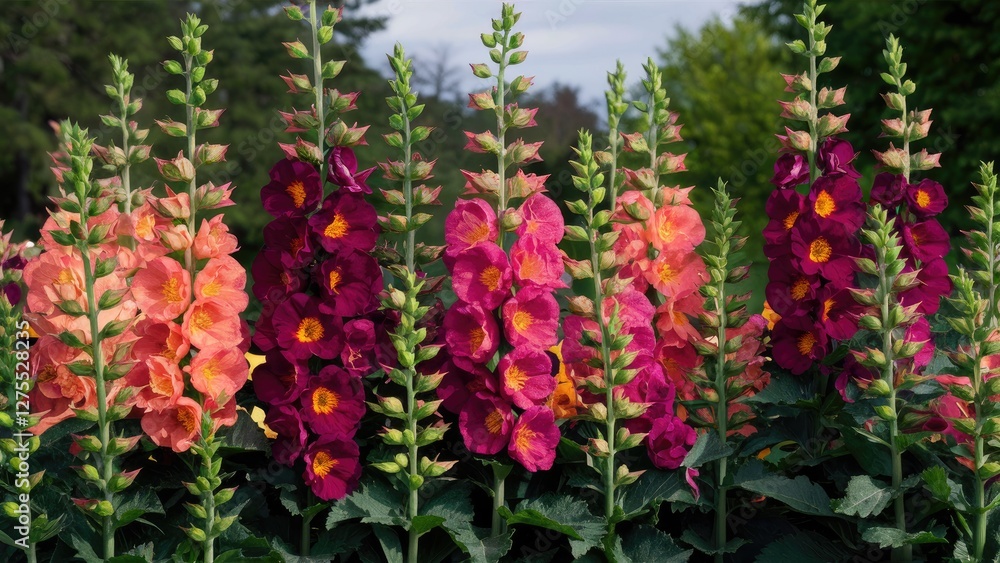 Vibrant clusters of tall hollyhock flowers in shades of pink, coral, and purple with lush green foliage against a soft sky backdrop Vibrant clusters of tall hollyhock flowers in shades of pink, coral, and purple with lush green foliage against a soft sky backdrop