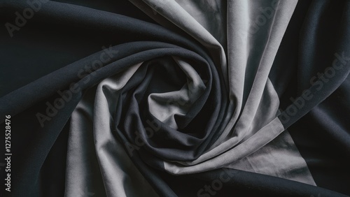 Elegant swirling fabric in deep black and subtle gray tones, creating a luxurious texture and depth, ideal for fashion or interior design. photo