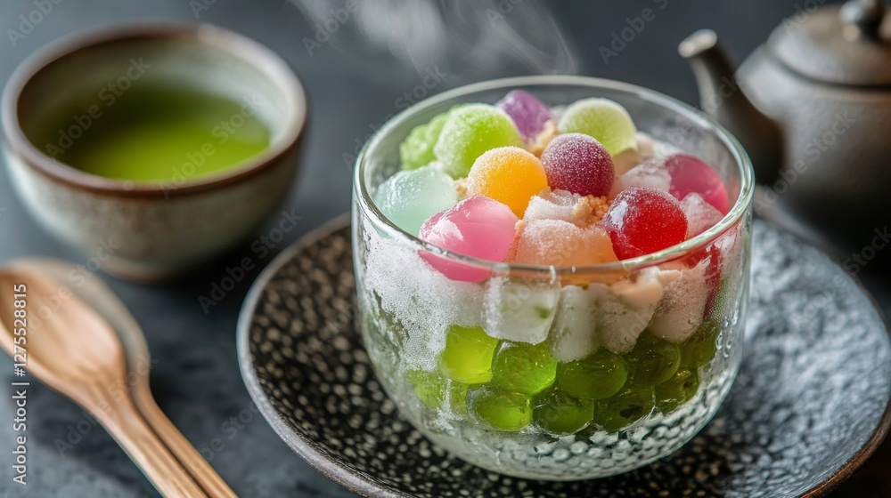 Delicate Japanese Dessert Anmitsu with Colorful Jelly and Tea Delicate Japanese Dessert Anmitsu with Colorful Jelly and Tea