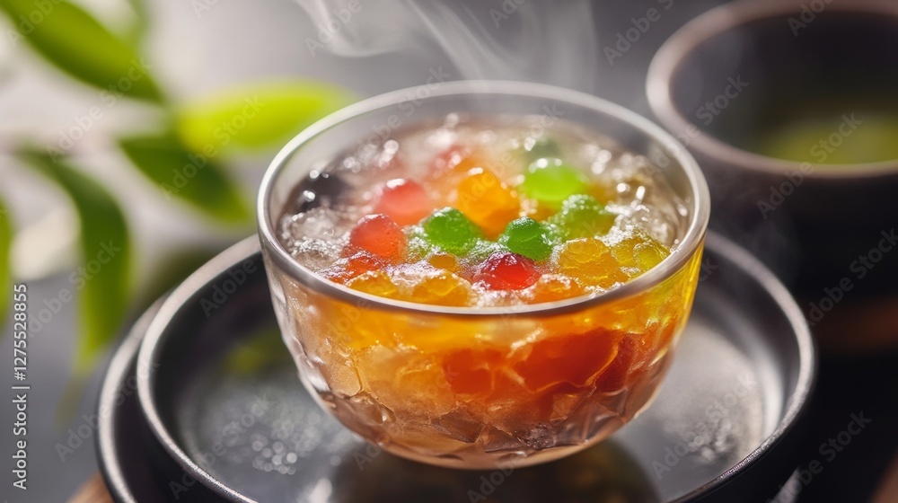 Delicate Japanese Anmitsu Dessert with Colorful Fruit Jelly and Syrup Delicate Japanese Anmitsu Dessert with Colorful Fruit Jelly and Syrup