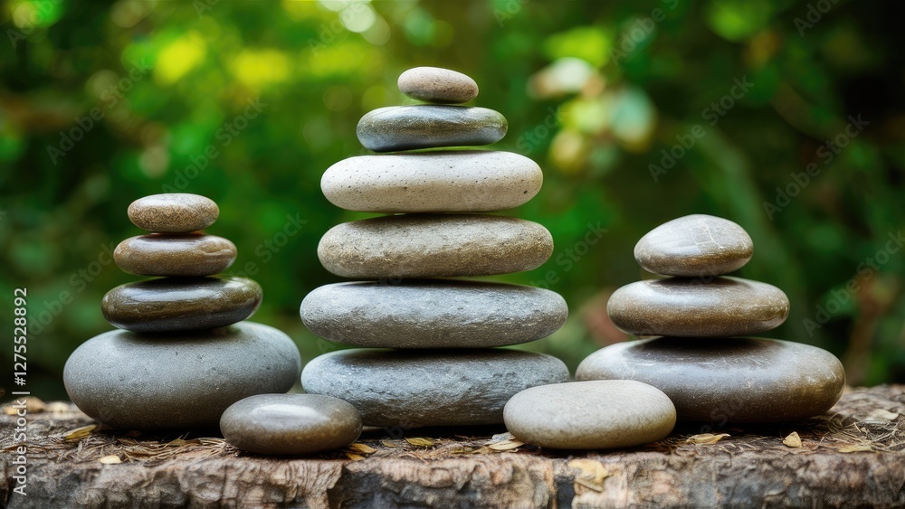 Balanced stack of smooth zen stones varying in size on a natural green blurred background with soft sunlight creating a calm serene atmosphere Balanced stack of smooth zen stones varying in size on a natural green blurred background with soft sunlight creating a calm serene atmosphere