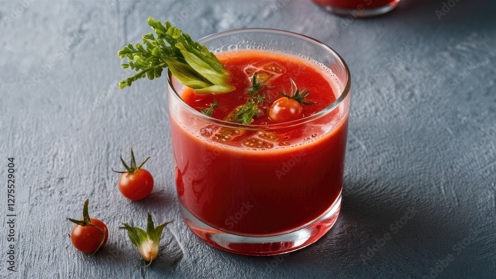 Chilled tomato juice in a clear glass with cherry tomatoes and green garnish on a textured gray background with vibrant red tones. Chilled tomato juice in a clear glass with cherry tomatoes and green garnish on a textured gray background with vibrant red tones.