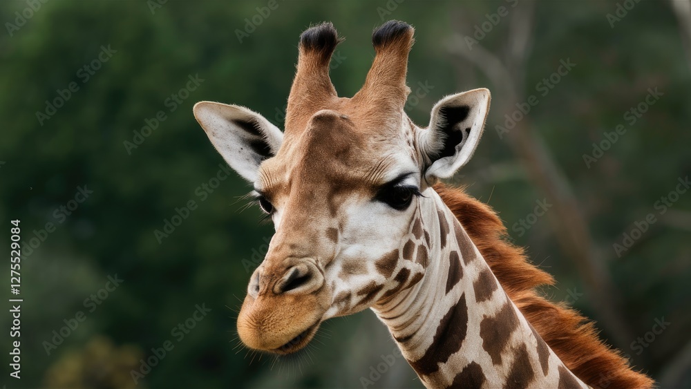 Giraffe head portrait showcasing brown and cream fur with unique ossicones against a blurred green background in a serene wildlife setting Giraffe head portrait showcasing brown and cream fur with unique ossicones against a blurred green background in a serene wildlife setting