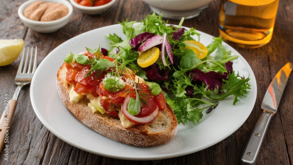 Bruschetta topped with fresh tomatoes and herbs on a white plate alongside a vibrant salad of greens and cherry tomatoes on a wooden table Bruschetta topped with fresh tomatoes and herbs on a white plate alongside a vibrant salad of greens and cherry tomatoes on a wooden table