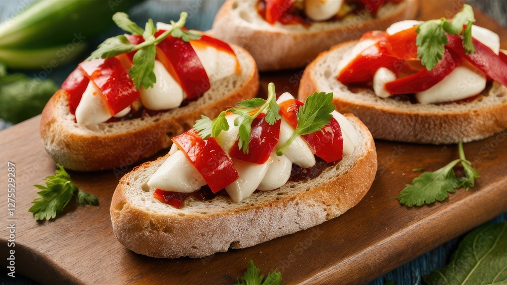 Delicious bruschetta topped with creamy mozzarella and vibrant red bell peppers on a rustic wooden board, garnished with fresh cilantro and green herbs. Delicious bruschetta topped with creamy mozzarella and vibrant red bell peppers on a rustic wooden board, garnished with fresh cilantro and green herbs.