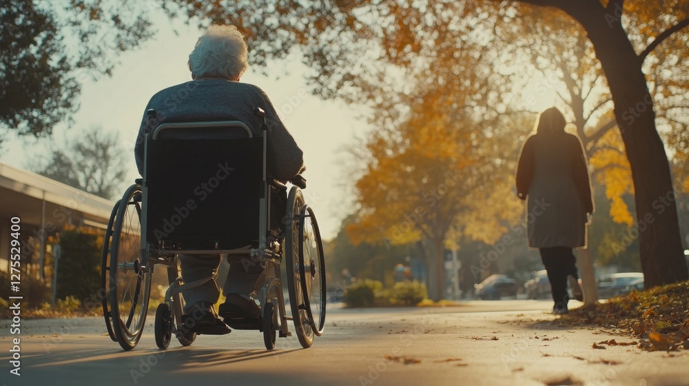 Obraz premium Elderly Woman in Wheelchair with Caregiver on Autumn Pathway