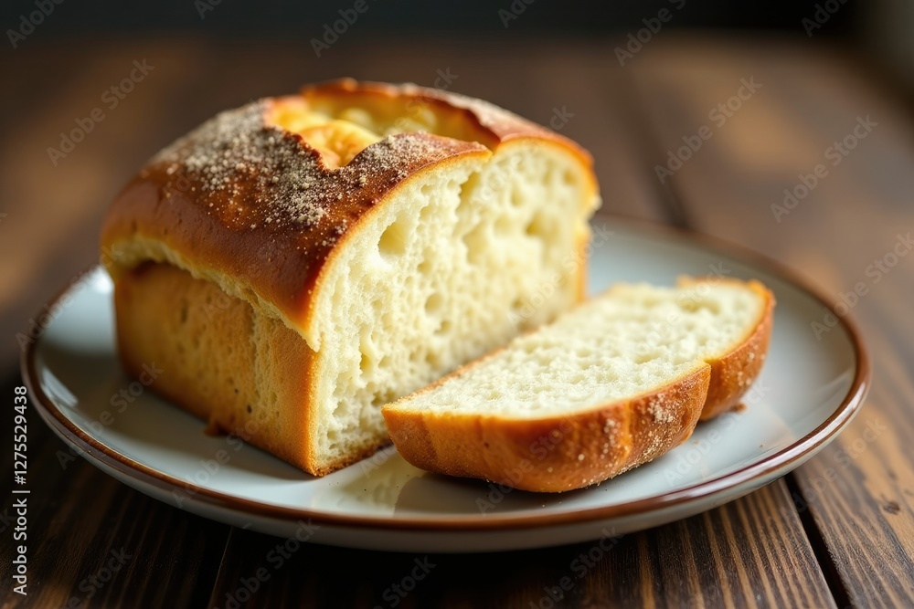 Freshly baked sourdough bread on a ceramic plate, ceramic, closeup, crusty Freshly baked sourdough bread on a ceramic plate, ceramic, closeup, crusty