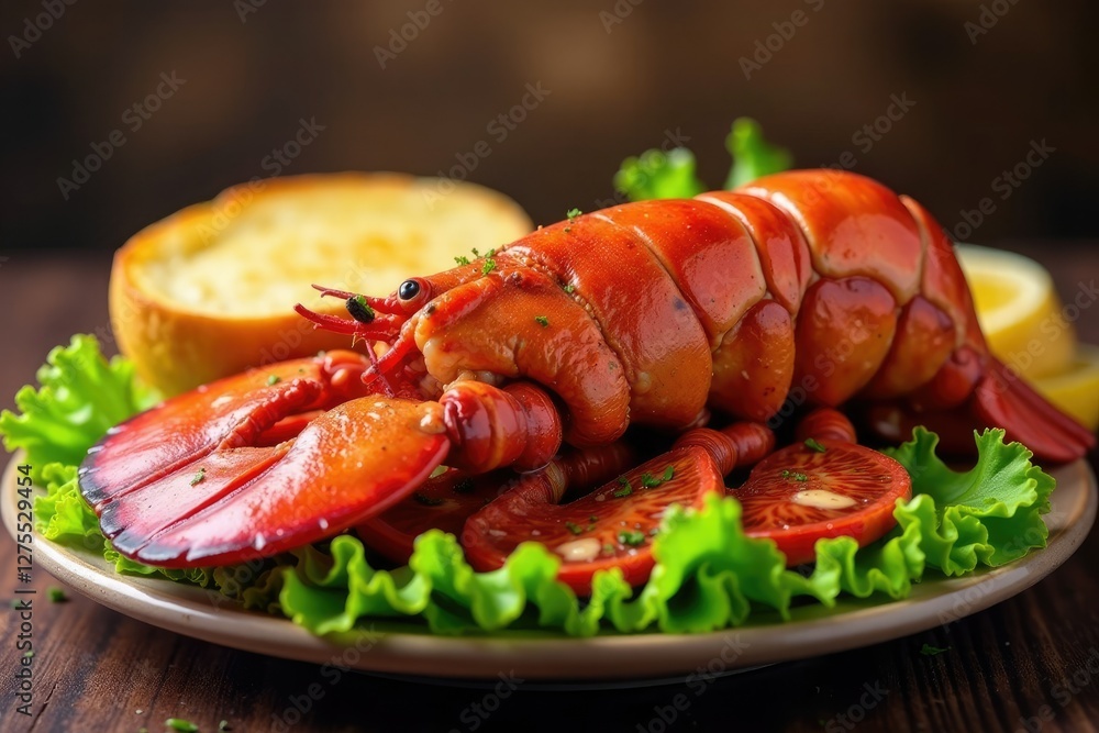 Fresh lobster tail on a bed of lettuce with a side of garlic bread, bread, rich, lobster Fresh lobster tail on a bed of lettuce with a side of garlic bread, bread, rich, lobster