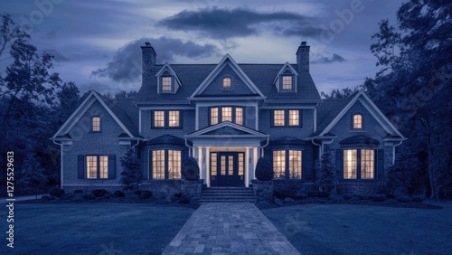 Wallpaper Mural Elegant home exterior under a blue filter featuring symmetrical architecture, warm glowing windows, and a stone pathway surrounded by greenery. Torontodigital.ca