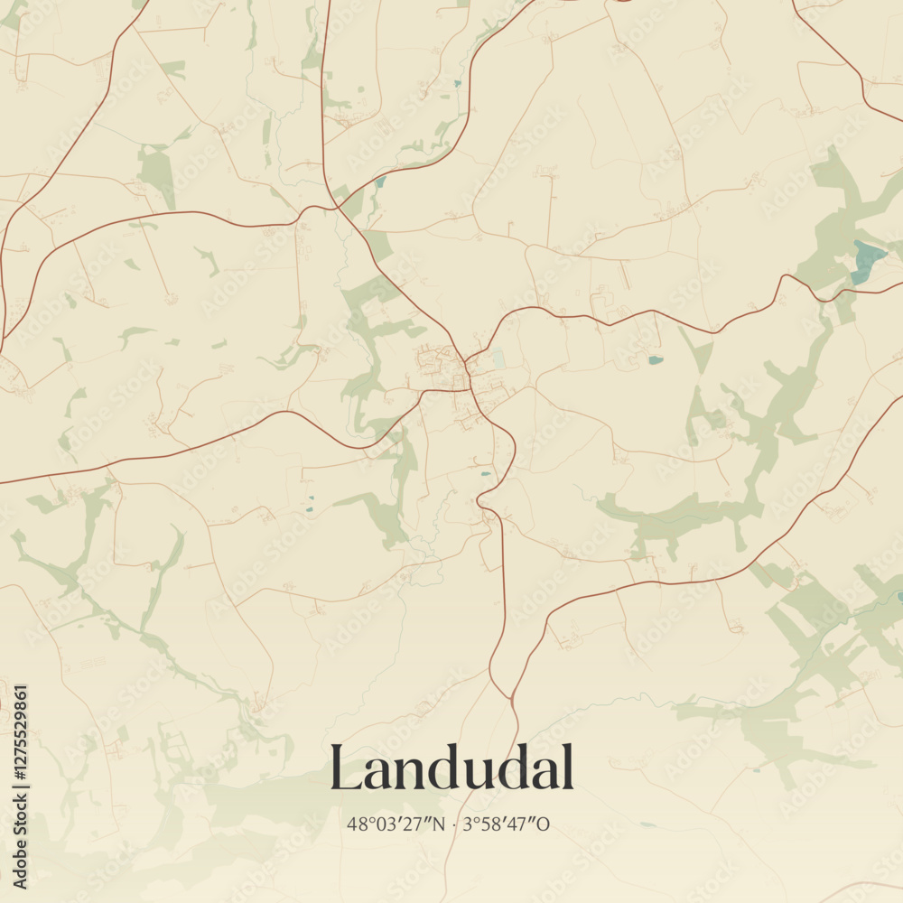 Fototapeta premium Vintage map of Landudal, France.