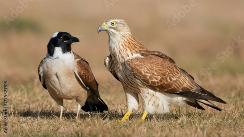 Comparison of Common Buzzard with brown and cream feathers alongside Carrion Crow with black and white plumage, on grassy field background. photo