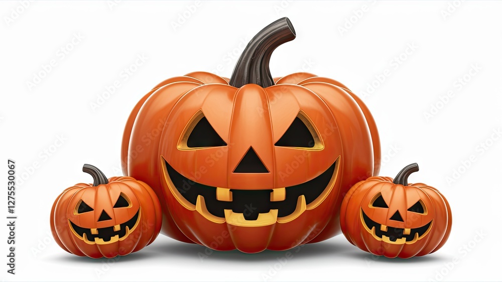 Fototapeta premium Three vibrant orange Halloween pumpkins with cheerful faces positioned on a white background, ideal for festive decorations and themed designs.