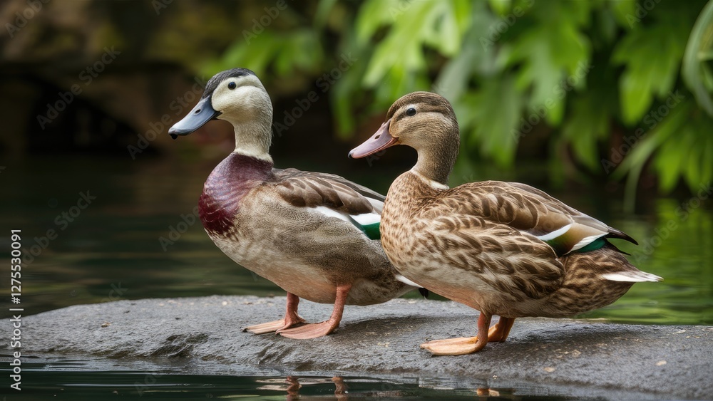 Ducks standing on a rock near calm water surrounded by lush green foliage showcasing their vibrant feathers and tranquil environment Ducks standing on a rock near calm water surrounded by lush green foliage showcasing their vibrant feathers and tranquil environment
