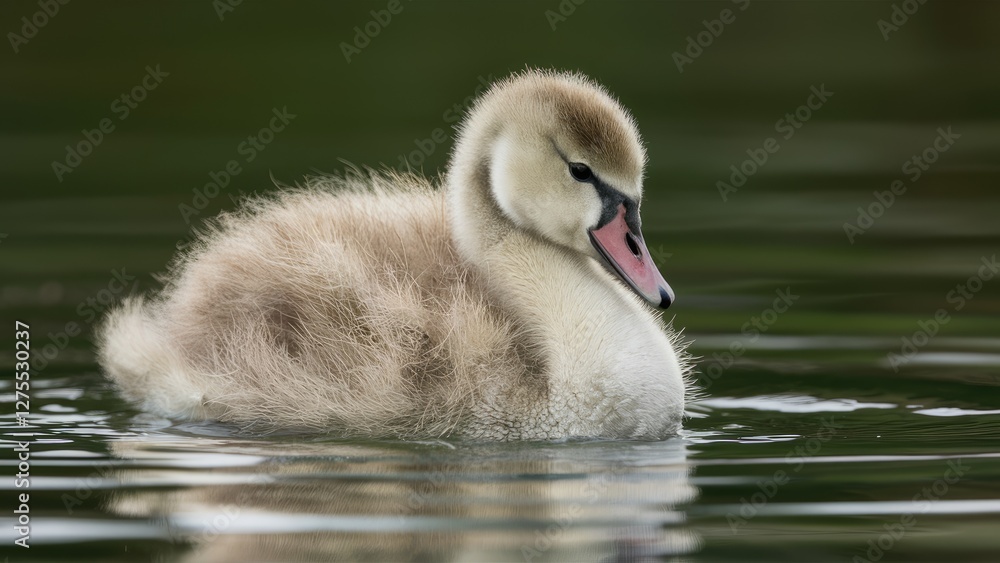 Cygnet of a Mute Swan on calm water with soft gray down feathers, side view, background in blurred green hues, serene and natural ambiance. Cygnet of a Mute Swan on calm water with soft gray down feathers, side view, background in blurred green hues, serene and natural ambiance.