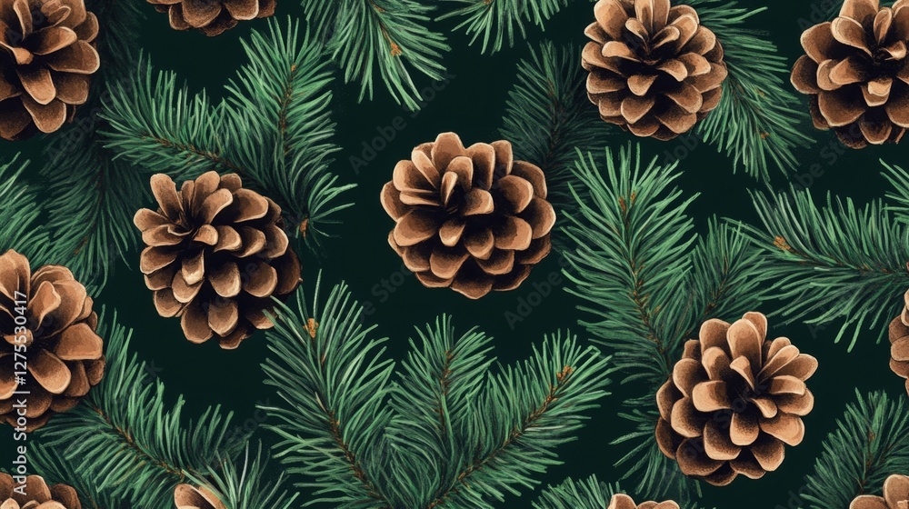 Festive Green Seamless Pattern with Pine Cones and Evergreen Foliage Festive Green Seamless Pattern with Pine Cones and Evergreen Foliage
