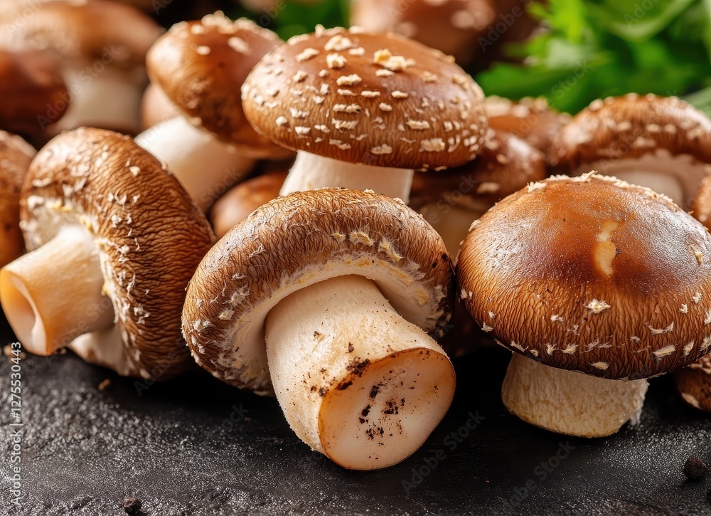 Fresh Shiitake Mushrooms Piled on a Kitchen Table Ready for Cooking and Culinary Creations Fresh Shiitake Mushrooms Piled on a Kitchen Table Ready for Cooking and Culinary Creations