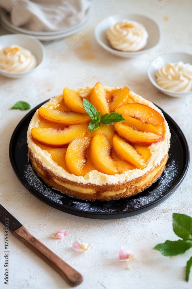 Peach cheesecake dessert, studio shot, meringue background, food photography Peach cheesecake dessert, studio shot, meringue background, food photography