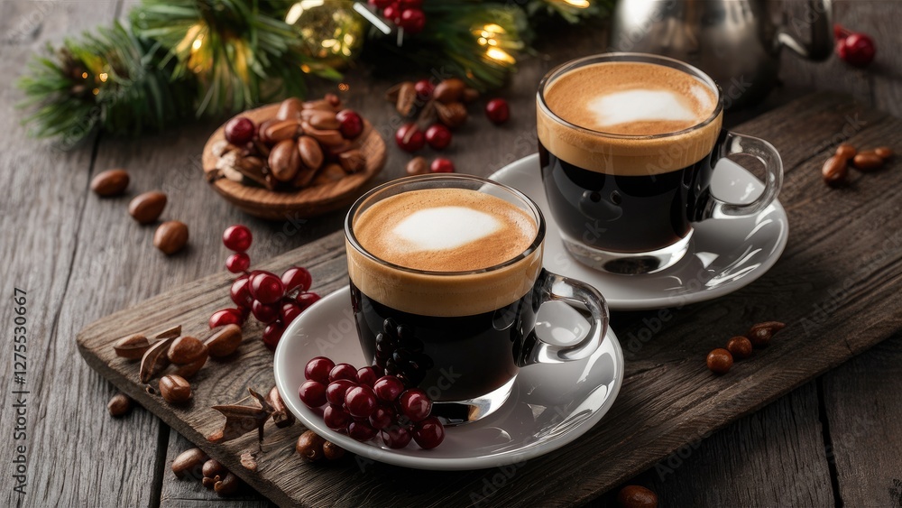 Espresso beverages in clear glasses topped with froth placed on a rustic wooden board surrounded by coffee beans and festive decorations. Espresso beverages in clear glasses topped with froth placed on a rustic wooden board surrounded by coffee beans and festive decorations.