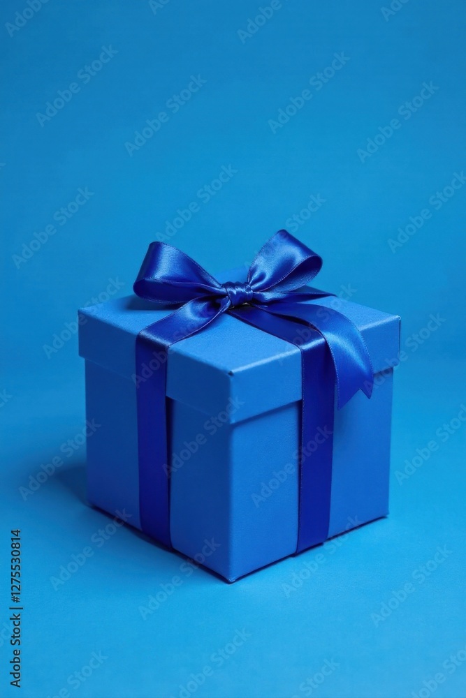A single, square gift box, adorned with a vibrant blue ribbon and bow, rests on a matching blue background. A single, square gift box, adorned with a vibrant blue ribbon and bow, rests on a matching blue background.