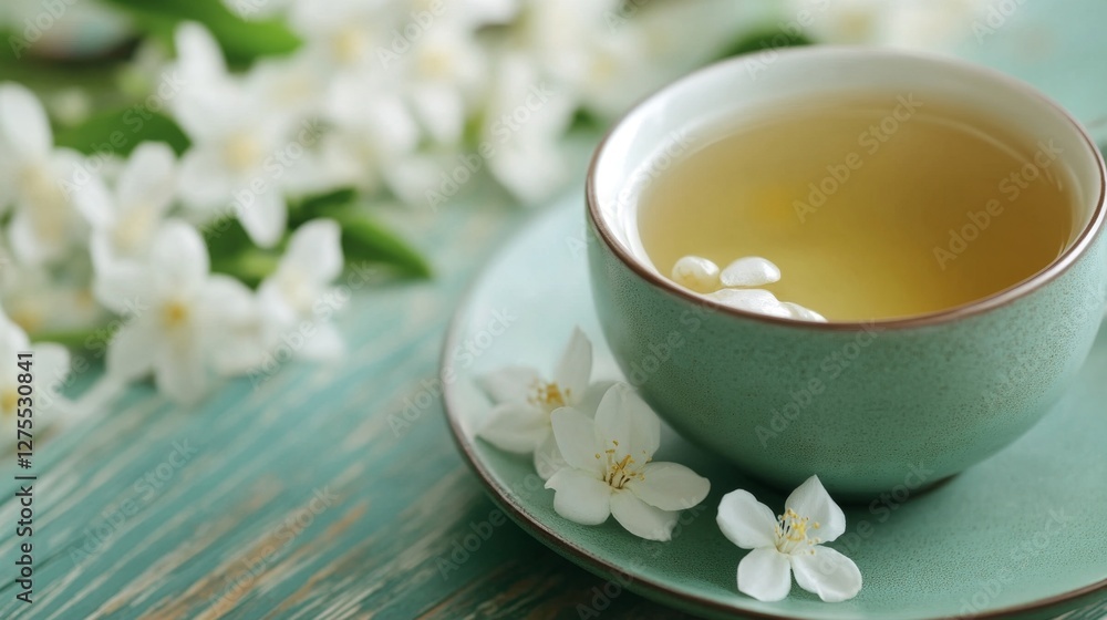 Delicate Jasmine Tea in a Cup Surrounded by Fragrant Flowers Delicate Jasmine Tea in a Cup Surrounded by Fragrant Flowers