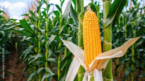 Vibrant close-up of ripe corn cob nestled in green corn stalks under blue sky, ideal for agricultural marketing and food promotion. photo