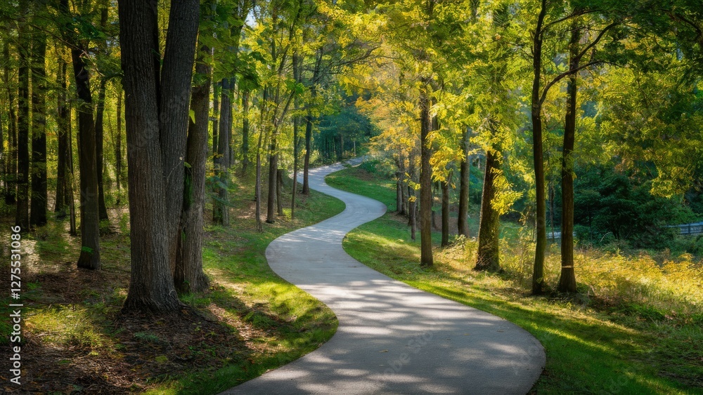 Scenic winding pathway through a lush green park surrounded by tall trees with dappled sunlight illuminating the curved trail on the ground. Scenic winding pathway through a lush green park surrounded by tall trees with dappled sunlight illuminating the curved trail on the ground.