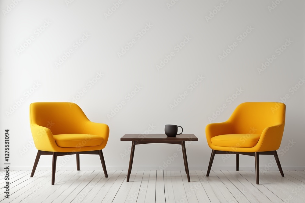 there are two chairs and a table in a room