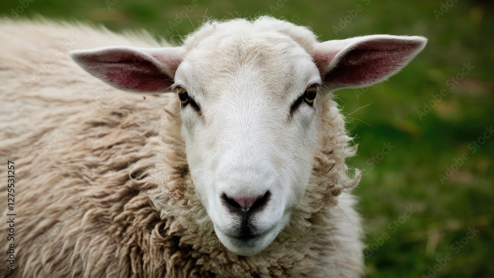 Closeup portrait of a sheep with a woolly texture featuring white fur and prominent ears set against a soft green grassy background. Closeup portrait of a sheep with a woolly texture featuring white fur and prominent ears set against a soft green grassy background.