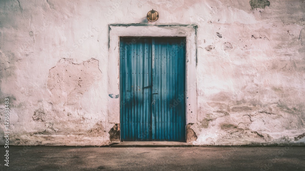 Textured aged white wall with peeling paint, centered blue wooden door, subtle shadows, with neutral tones dominating the scene. Textured aged white wall with peeling paint, centered blue wooden door, subtle shadows, with neutral tones dominating the scene.