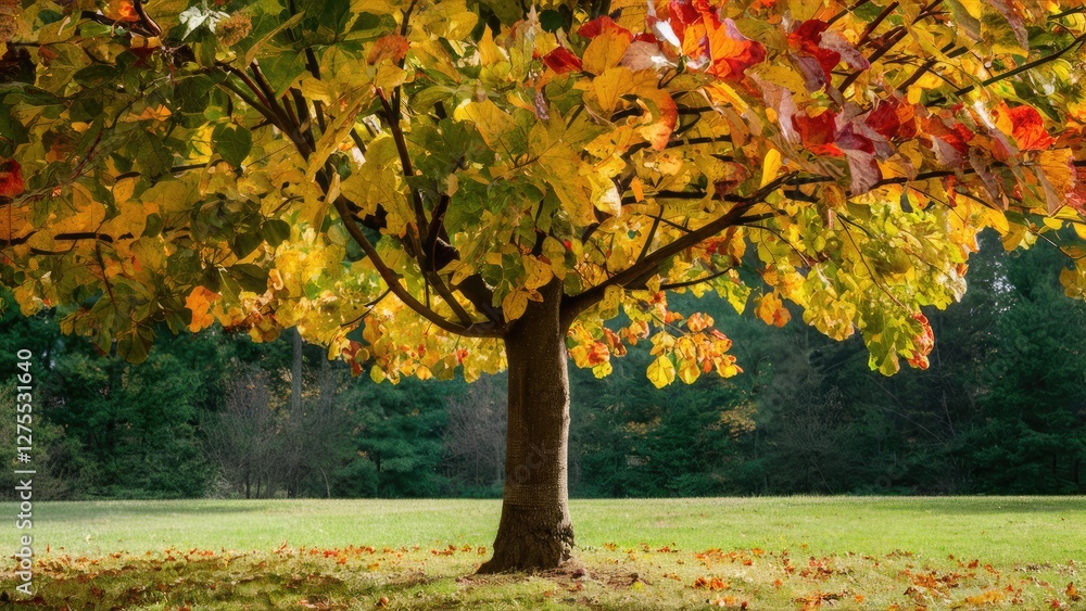 Vibrant chestnut tree in autumn showcasing rich yellow and red leaves, standing prominently in the center of a grassy field with greenery backdrop. Vibrant chestnut tree in autumn showcasing rich yellow and red leaves, standing prominently in the center of a grassy field with greenery backdrop.