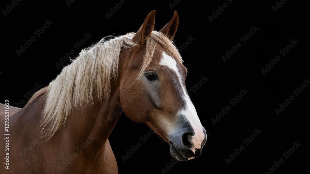 Fototapeta premium Closeup portrait of a palomino horse with a golden coat and flowing mane highlighted against a deep black background, emphasizing its serene beauty.