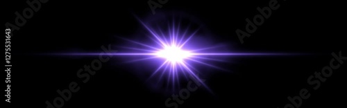 Bright purple lens flare with radiating beams on a dark transparent background. Horizontal glow effect symbolizes illumination, energy, and futuristic design. Sci-fi, digital effects, abstract themes