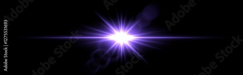 Bright purple lens flare with radiating beams on a dark transparent background. Horizontal glow effect symbolizes illumination, energy, and futuristic design. Sci-fi, digital effects, abstract themes